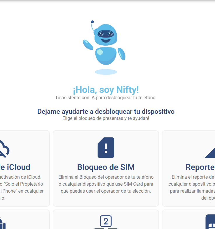 Página principal de UnlockHere mostrando la opción de Bloqueo de SIM