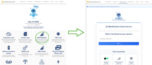 Access UnlockHere blacklist removal tool interface showing IMEI Blacklist option for unlocking phones in Canada