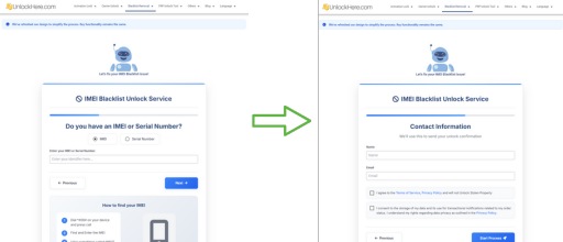 Form fields for phone brand IMEI number name and email address on UnlockHere blacklist removal service